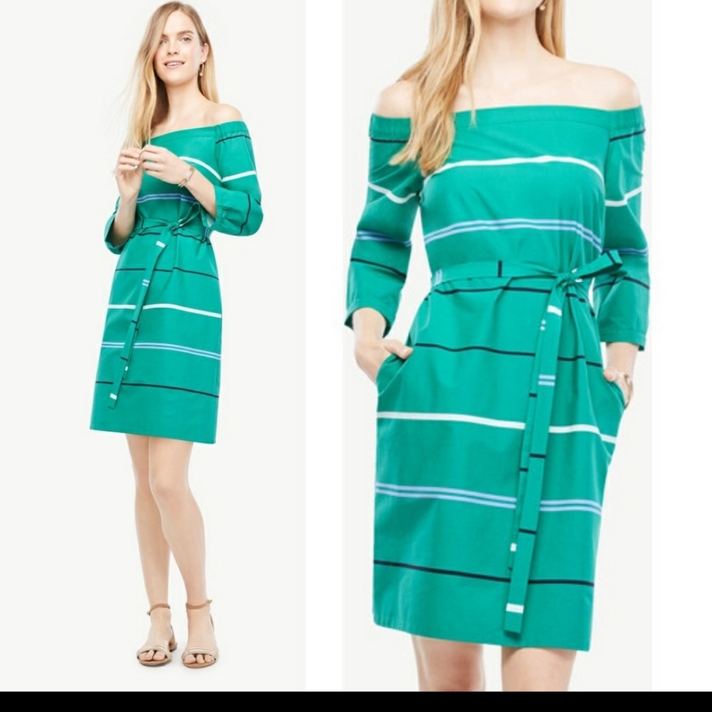 Ann Taylor OFF THE SHOULDER STRIPED POPLIN DRESS IN PEPPER GREEN SIZE 4 NWOT.